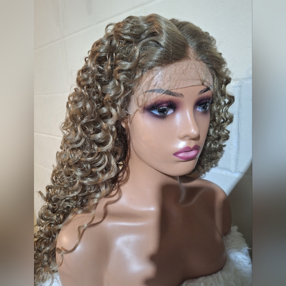 Curly Brown Human Hair Blend Lace Front Wig - Picture 5 of 8